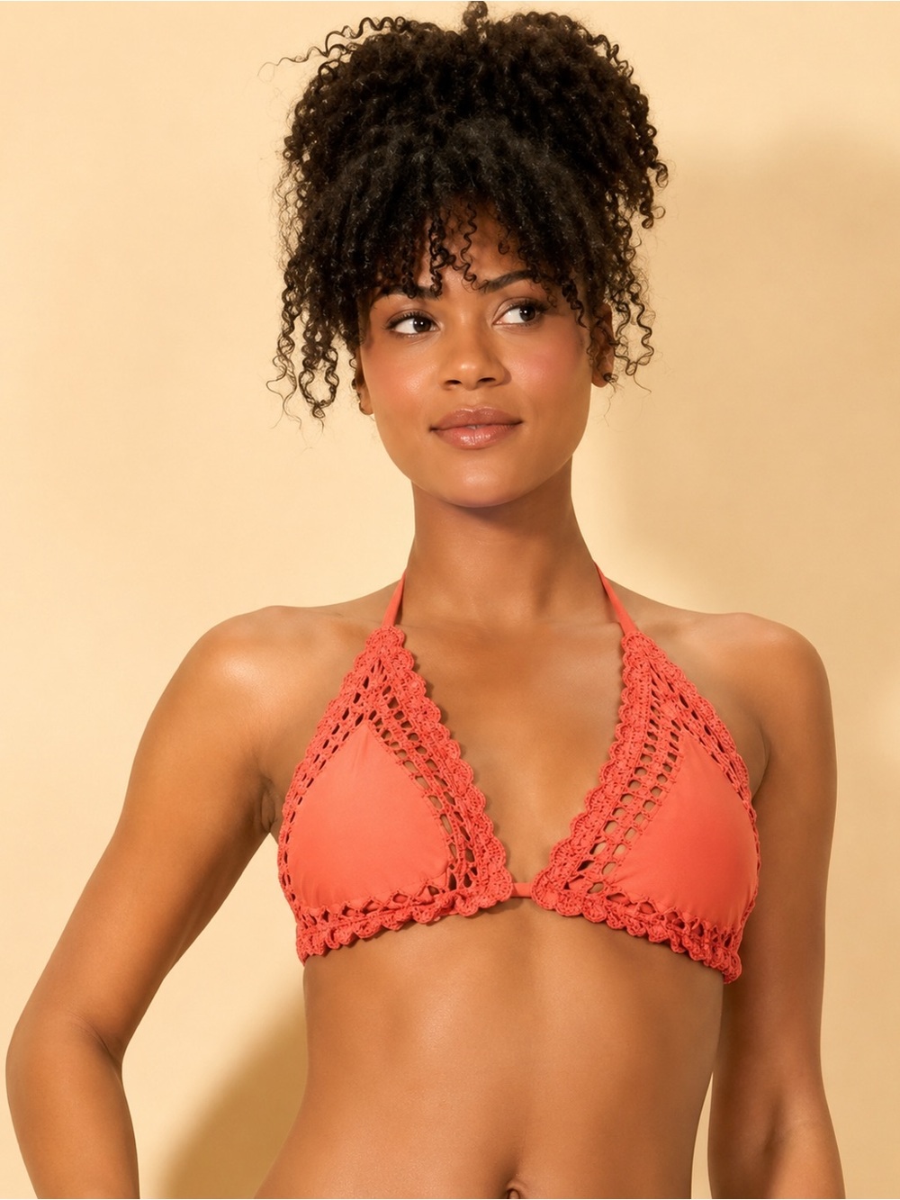 Shade & Shore Crochet Halter Bikini Top Medium 8-10 Coral Orange NWT